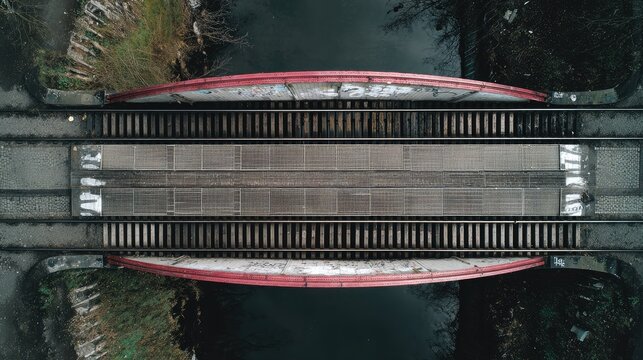 Aerial View of an Urban Railway Bridge Over a Calm Waterbody Surrounded by Nature and Street Art Details