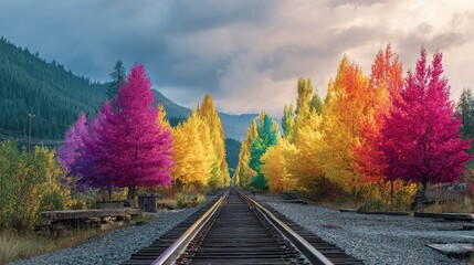 Obraz premium Colorful Autumn Foliage Along Railroad Tracks in a Scenic Natural Landscape with Dramatic Clouds
