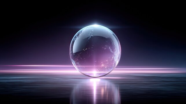 Abstract Glowing Purple Sphere on Reflective Surface Background