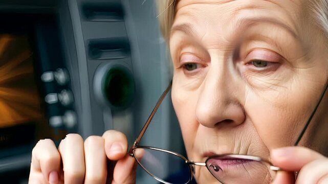 Senior Woman Using ATM and Adjusting Glasses for Clear Vision at Bank Machine