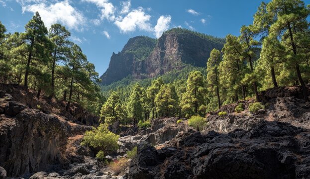 Lush mountain valley, volcanic rocks, and pine trees