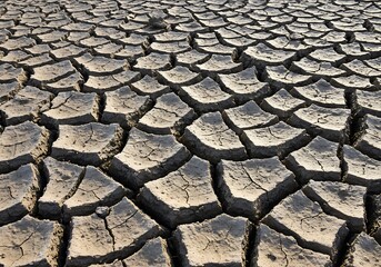 The cracked, dusty earth of a parched riverbed, a symbol of environmental climate change