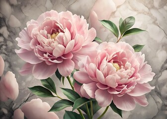 Delicate Pink Peonies in Full Bloom Against a Soft Marble Background