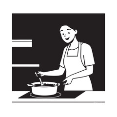 Black and White Vector Illustration of a Smiling Woman Cooking in Kitchen with Apron and Headband