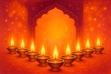 Illuminated diya lamps create a warm festive glow in front of an ornate archway