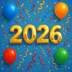 Shiny 2026 with confetti and balloons on blue background.