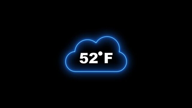 Glowing blue neon cloud symbol displaying 52 degrees Fahrenheit temperature on black icon weather