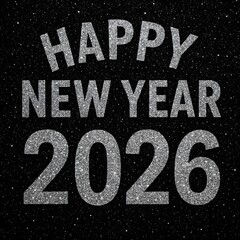 Glittery silver Happy New Year 2026 on black background.