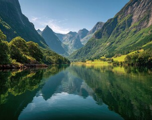 Serene fjord reflecting mountains