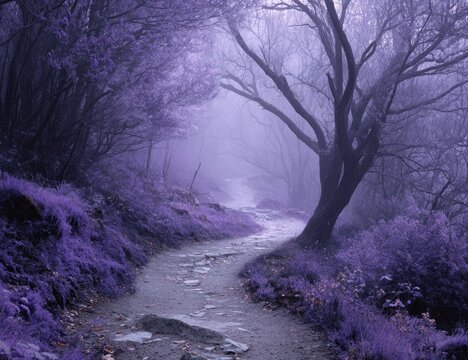 Misty purple forest path