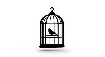 Black bird inside a metal cage, isolated on white background. Freedom, captivity, and protection concept illustration.
