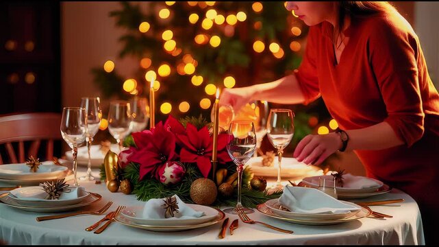 A warm atmosphere fills the dining room as a person carefully sets a festive table with plates, glasses, and vibrant decorations. The holiday spirit is alive with glowing lights