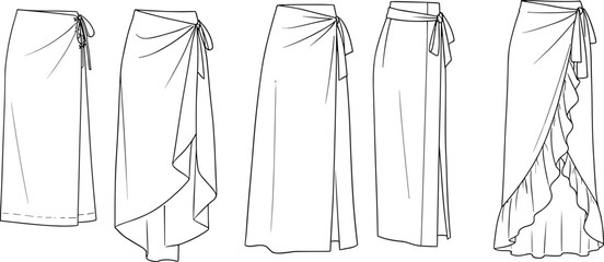 CAD drawing flat vector illustration of women’s sarong wrap skirts set front view, technical beachwear fashion sketch template © Nobin's World