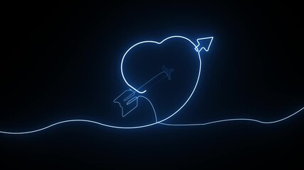 Blue neon heart pierced by arrow abstract continuous line animation glowing on black background romantic love concept symbol motion graphics