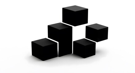 Stacked black cubes in geometric arrangement, isolated on white background. Abstract 3D shapes representing structure, data, and organization.
