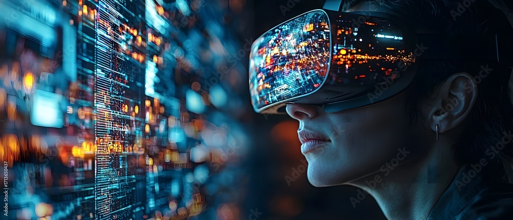 Poster a person experiences an immersive virtual reality world interacting with a complex digital data netw