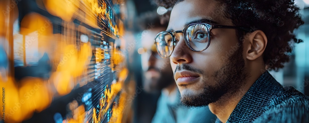 Poster a focused man wearing glasses looks intently at a vibrant digital display filled with abstract data 