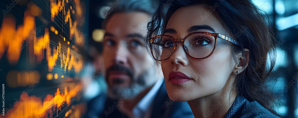 Poster two professionals intently analyzing glowing financial data charts and graphs on a modern digital di