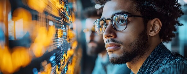 A focused man wearing glasses looks intently at a vibrant digital display filled with abstract data and charts representing technology and business