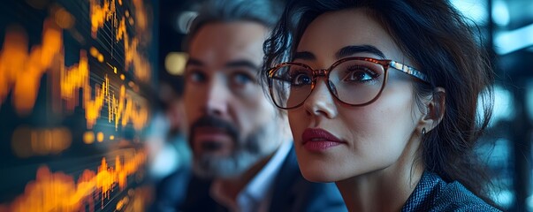 Two professionals intently analyzing glowing financial data charts and graphs on a modern digital display