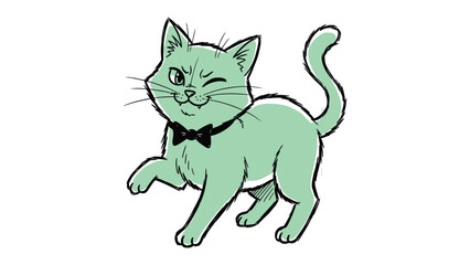 Playful Cat Illustration: A charming, mint-colored cartoon cat winks playfully, accentuating its jovial personality, accompanied by a suave black bow tie.