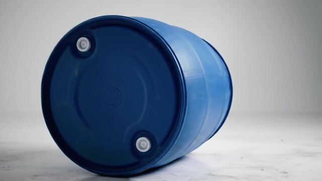 Tilted, blue plastic drum with ribbed sides, two white plugs, sits on a white surface against a muted white background