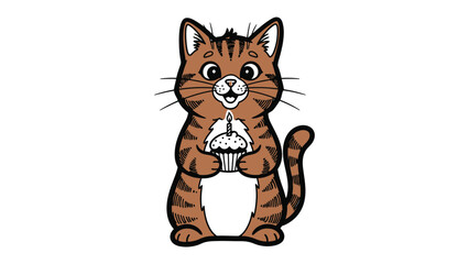 Festive Cat: A charming illustration of a playful cat holding a cupcake with a lit candle, celebrating a special moment or birthday, conveying warmth and joyful spirit.