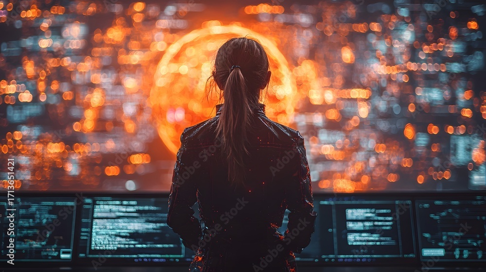 Poster back view of a woman observing a large futuristic display showing abstract data visualizations and a