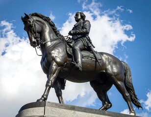 Obraz premium A bronze equestrian statue against a backdrop of a partly cloudy sky, showcasing detailed musculature and attire.