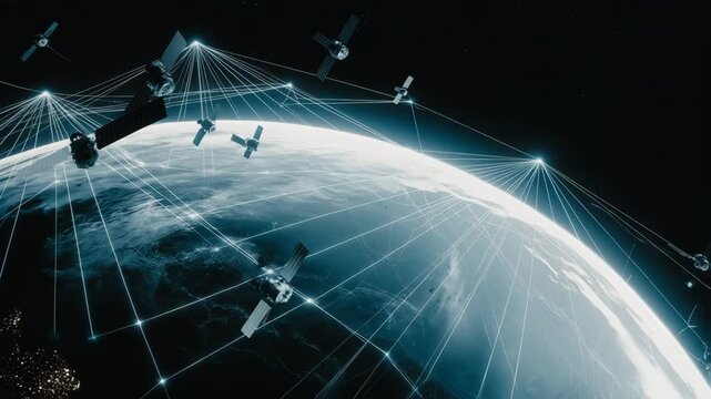 Satellites Over Earth: A mesmerizing image of satellites orbiting the Earth, linked together by a network of data streams. Visualizing technology, globalization, and scientific progress.