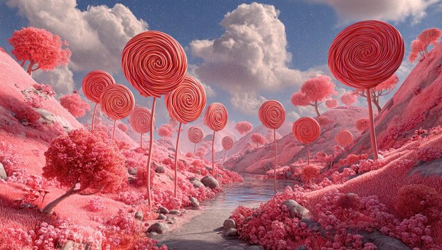 Pink candy-colored landscape with lollipop trees. A winding river flows through a valley of surreal, pastel pink hills and trees