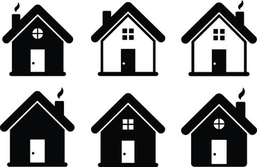 Black and white house icons, minimalist home symbols, chimney smoke design, modern architecture vector set, residential building illustration, UI graphic elements