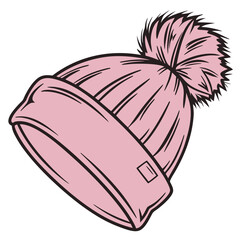 Illustration of a pink winter hat with pompom and label isolated on white