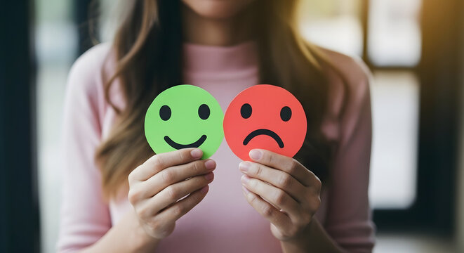A woman holding a happy green face and a sad red face, symbolizing customer feedback and satisfaction.