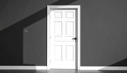 Fototapeta premium A simple white door stands against a dark gray wall, bathed in the soft light of a sunny room.
