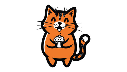 Cat's Cupcake Dream: A cheerful cartoon cat joyfully clutching a delightful cupcake. Its orange fur and lively expression radiate happiness and sweetness. 