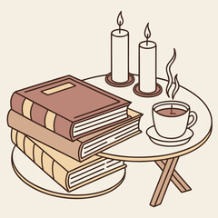 Books, candles, and coffee on a round table in a cozy setting