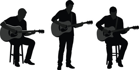 Guitar player silhouette set, acoustic musician vector illustration, black and white performance poses, music clipart, concert icons, artistic guitar graphics