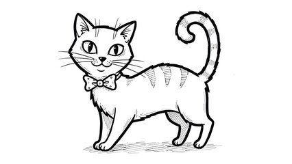 Elegant Cat in Monochrome: A charming and sophisticated cat, complete with a stylish bow tie, stands proudly in a finely crafted monochrome illustration.
