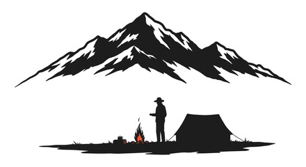 Silhouette of a camper by a campfire near majestic mountains © Nasima