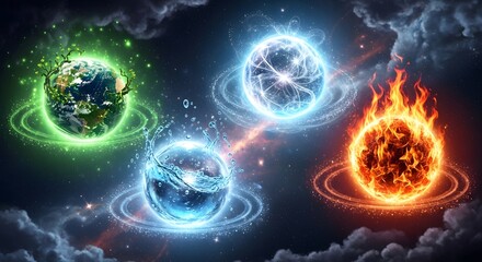 Obraz premium Four Elements Earth, Water, Air, and Fire in a Cosmic Harmony