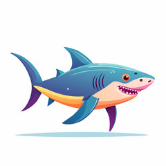 Fototapeta premium Whimsical and friendly blue cartoon shark illustration with a big smile and sharp teeth, perfect for children's themes and ocean-related designs