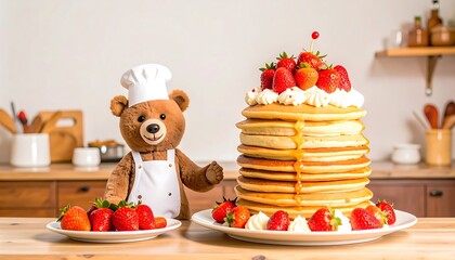 Teddy bear with stack of pancakes