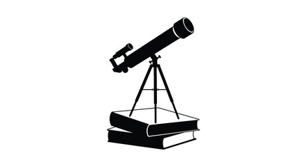A black silhouette of a telescope resting on stacked books