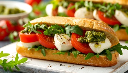 Fresh mozzarella and tomato sandwiches on baguette