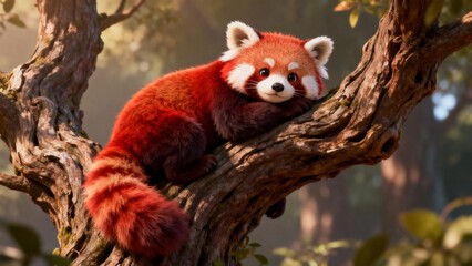Serene Red Panda Resting on Tree Branch