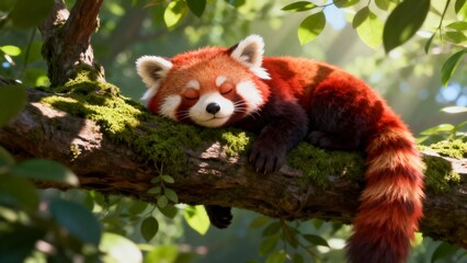 Charming Red Panda Sleeping on Tree Limb