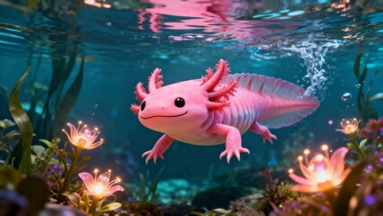 Smiling axolotl underwater, pink body, whimsical fantasy mood