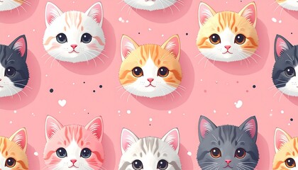 Cute cartoon cat faces in a repeating pattern on a pink background.