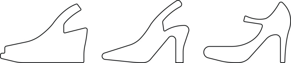 Obraz premium Art & IllustrationLadies shoes icon set.women's shoes footwear and elegant style and design trends.wedge heels sketch icon line art vector illustration..leather shoes heel icon black and white icon se